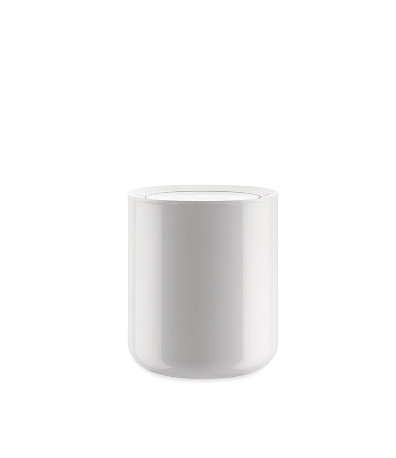 White Alessi waste bin with self-sealing lid.