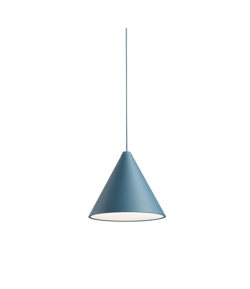 Blue Flos String Light suspension lamp. Upside down cone-shaped shade.
