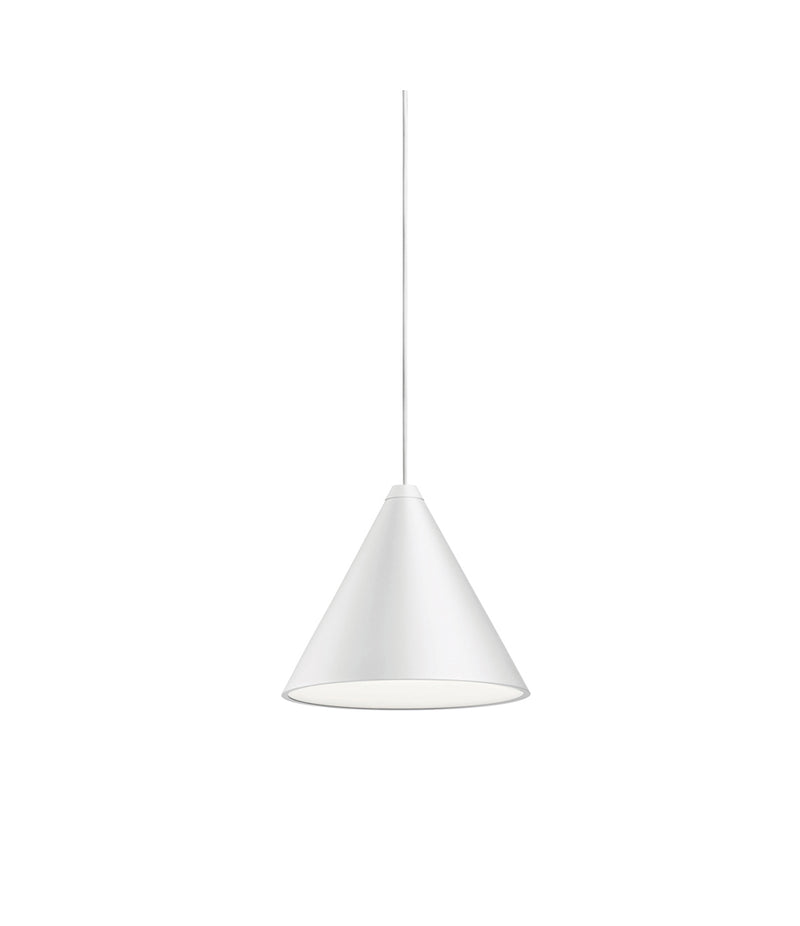 White Flos String Light suspension lamp. Upside down cone-shaped shade.