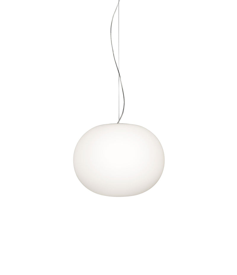 Flos Glo-Ball suspension lamp. White opaque glass spherical diffuser connected to suspension cable.