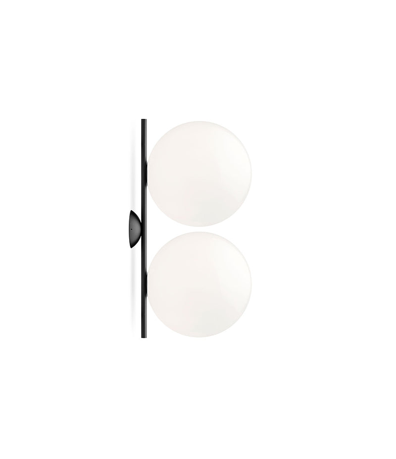 Flos IC Lights Double Ceilng/Wall Sconce. Two opaque glass spherical diffusers mounted to vertical black bar.