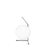 Flos IC Lights T1 Low table lamp, with spherical white diffuser attached to angular chrome bar and bipod base.