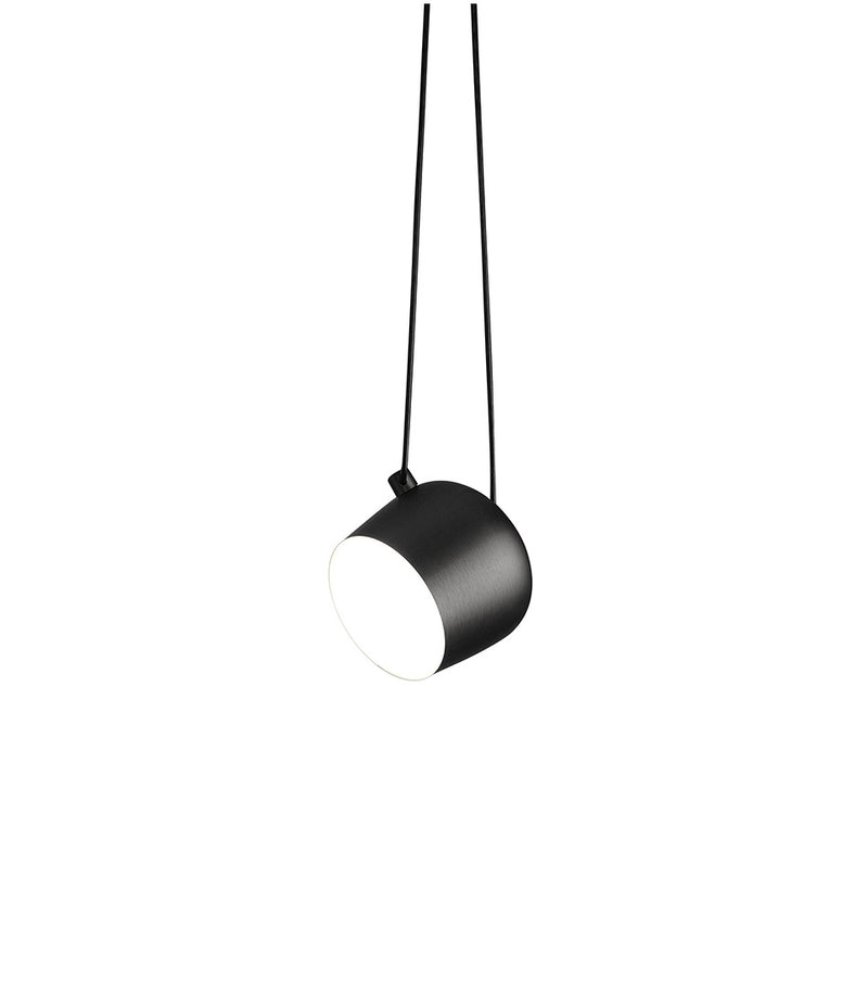 Small Flos Aim suspension lamp in black finish. Single bowl-shaped light shade suspended by cable loop.