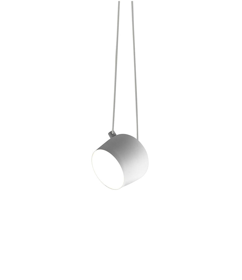 Small Flos Aim suspension lamp in white finish. Single bowl-shaped light shade suspended by cable loop.