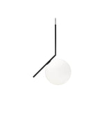 Flos IC Lights suspension lamp, with spherical white diffuser attached to angular black bar.