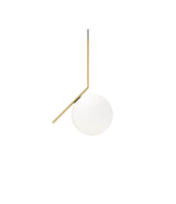 Flos IC Lights suspension lamp, with spherical white diffuser attached to angular brass bar.