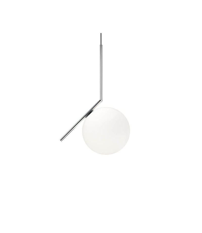 Flos IC Lights suspension lamp, with spherical white diffuser attached to angular chrome bar.