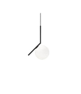 Small Flos IC Lights suspension lamp, with spherical white diffuser attached to angular black bar.