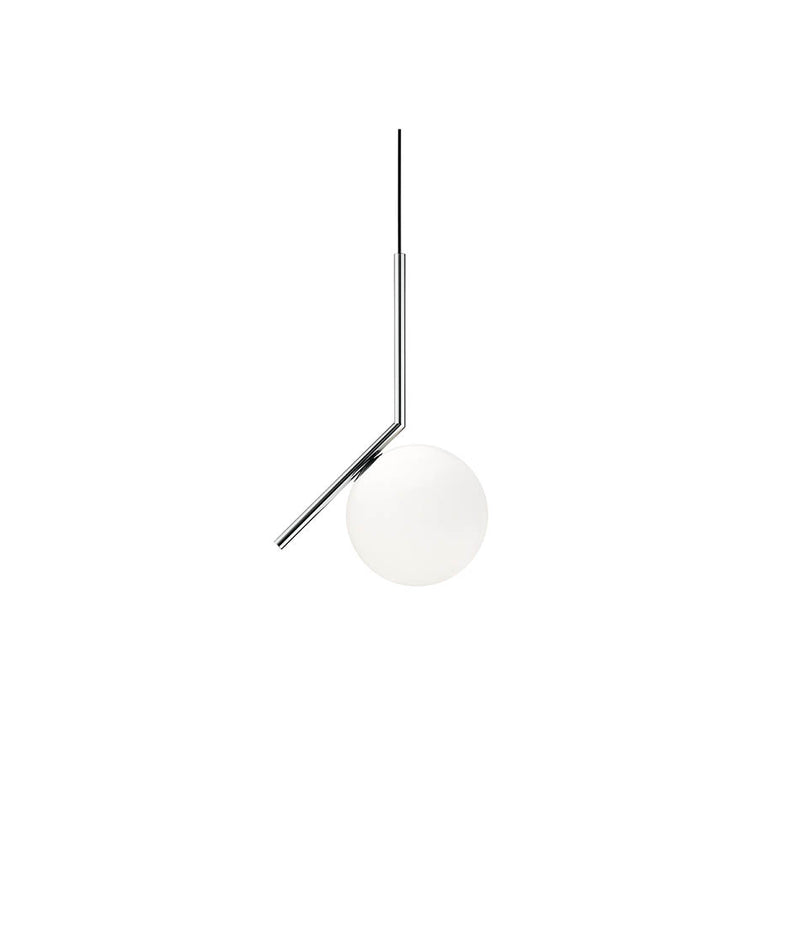 Small Flos IC Lights suspension lamp, with spherical white diffuser attached to angular chrome bar.