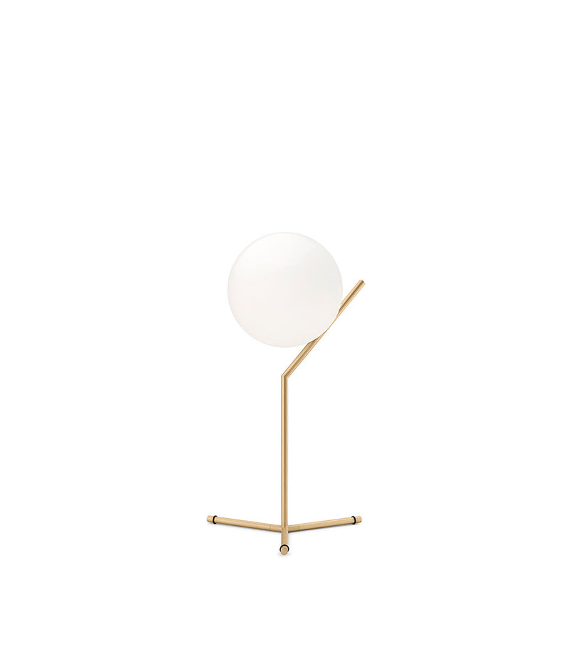 Flos IC Lights T1 High table lamp, with spherical white diffuser attached to angular brass bar and tripod base.