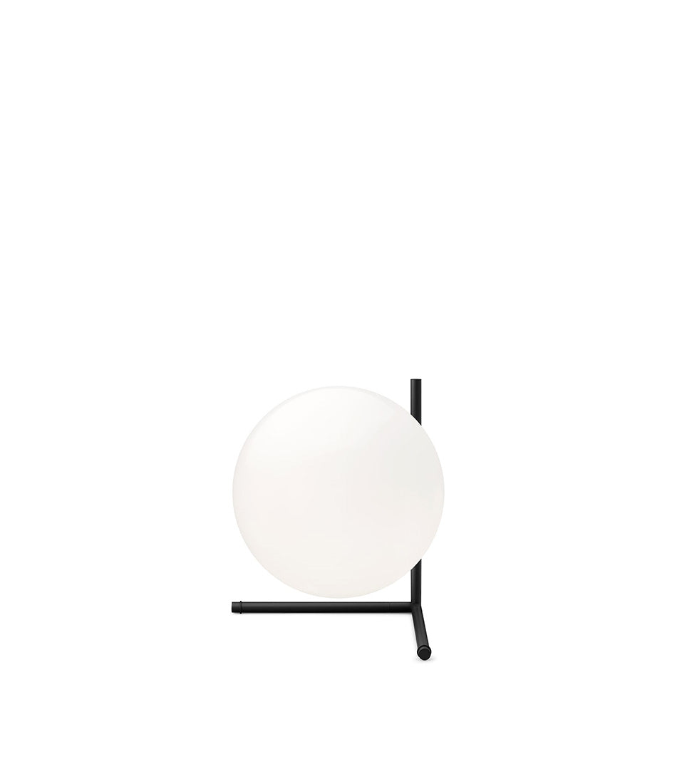 Flos IC Lights T2 table lamp, with spherical white diffuser attached to angular black bar and bipod base.