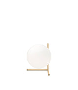 Flos IC Lights T2 table lamp, with spherical white diffuser attached to angular brass bar and bipod base.