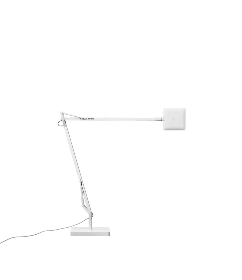 White Flos Kelvin Edge table lamp, with double-jointed stem and flat multi-directional LED head.