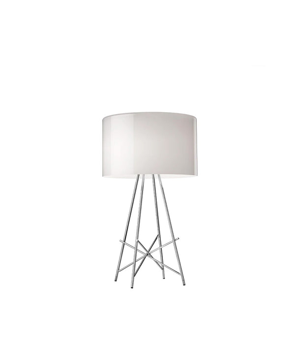 Flos Ray table lamp. Grey glass shade atop four chrome legs.