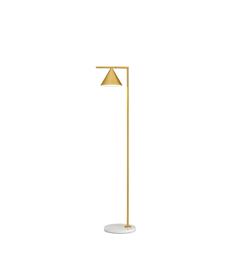 Flos Captain Flint floor lamp, with brass body and diffuser, and stone base.