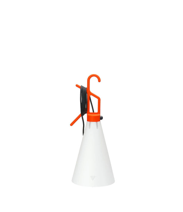 Orange Flos Mayday utility lamp, with white conical shade and hooked top base.