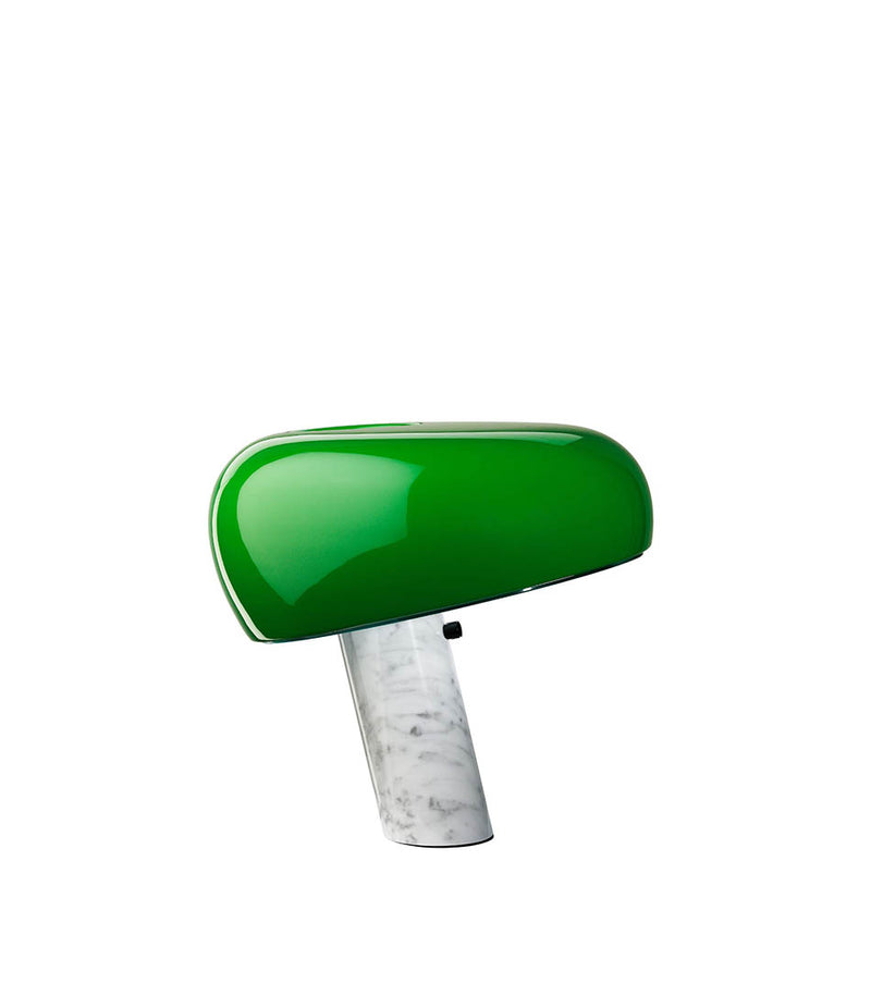 Flos Snoopy table lamp. Hood-shaped green shade atop an angled marble base stem.