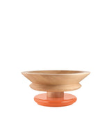 A wooden bowl suspended above a polished pedestal by a short wood column.