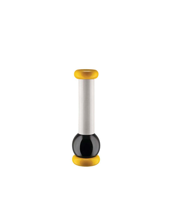 Alessi Twergi MP0210 salt, pepper and spice grinder with white column, yellow and black accents.