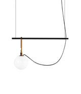 Artemide NH S1 suspension lamp, with single glass globe diffuser attached to horizontal bar by oval hook system.