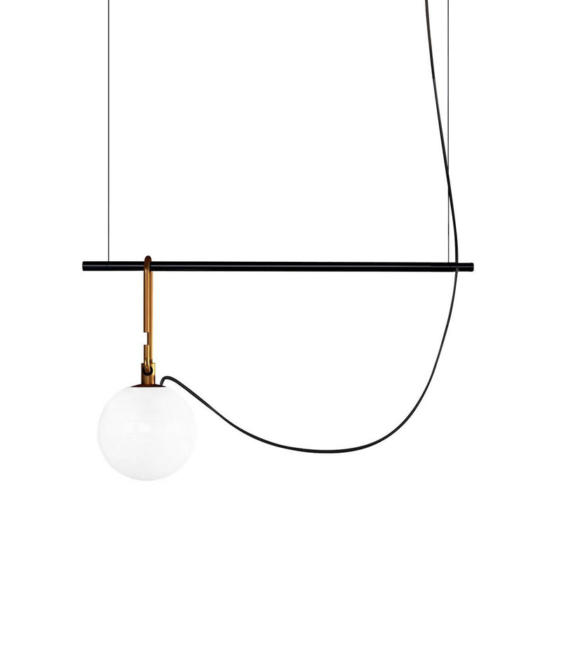 Artemide NH S1 suspension lamp, with single glass globe diffuser attached to horizontal bar by oval hook system.
