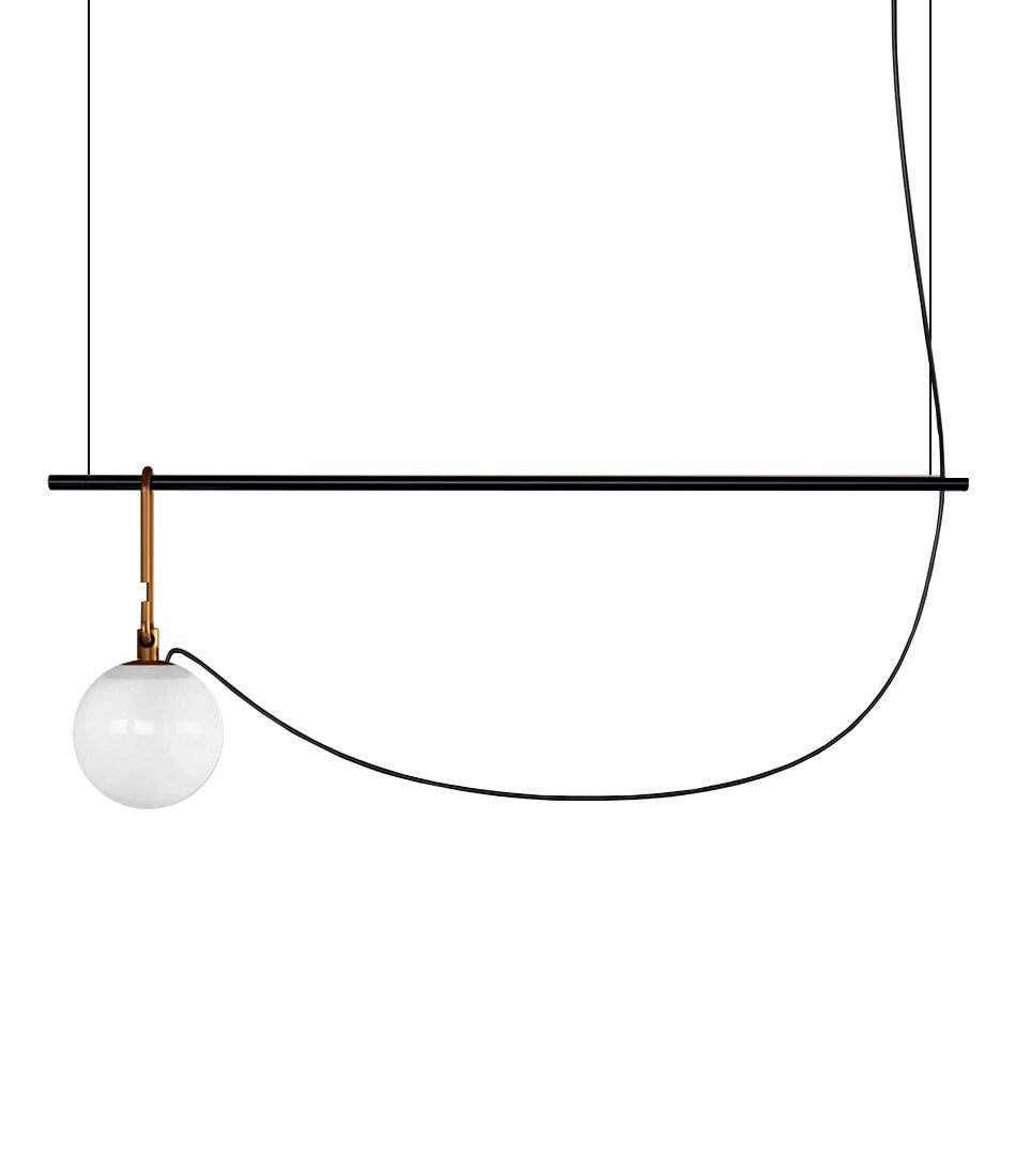 Artemide NH S2 suspension lamp, with glass globe diffuser attached to long horizontal bar by oval hook system.