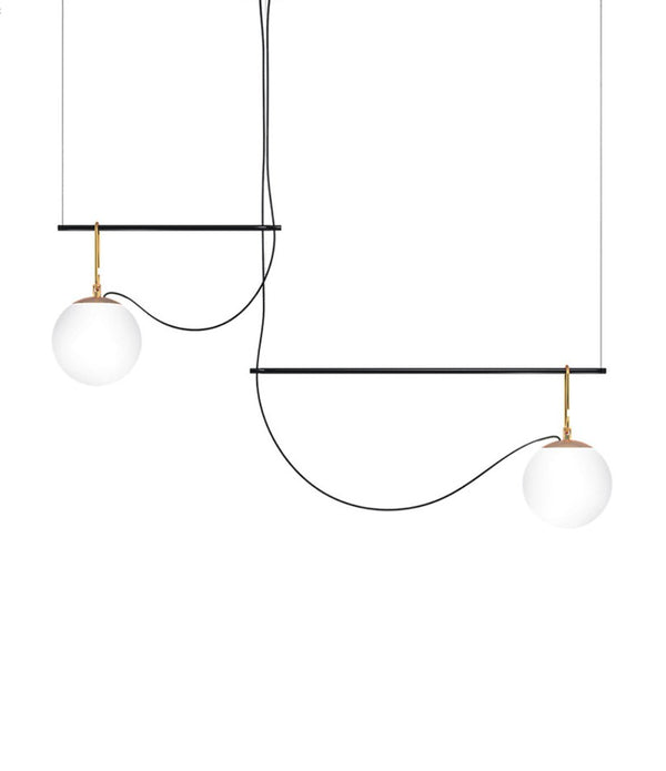 Artemide NH S3 2 Arm suspension lamp, with two glass globe diffusers connected to two offset horizontal bars.