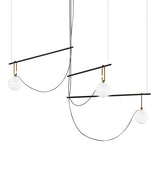 Artemide NH S3 suspension lamp, with three horizontal bars each connected to one glass globe diffuser.