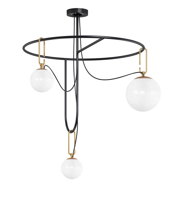 Artemide NH S4 suspension lamp, with three glass globes connected to a ring structure via oval hooks.