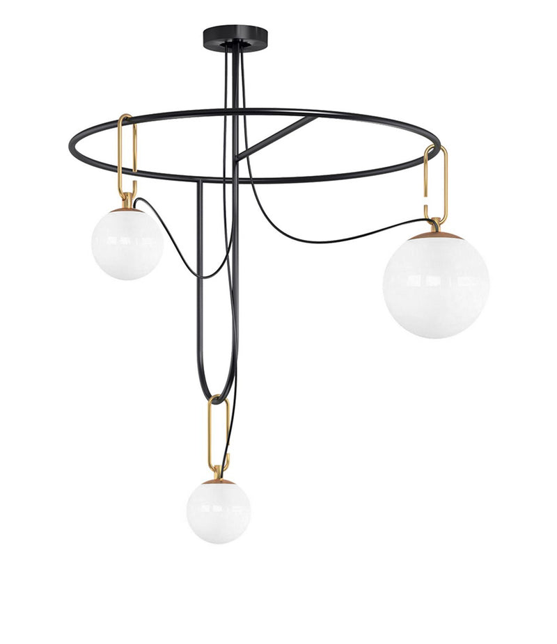 Artemide NH S4 suspension lamp, with three glass globes connected to a ring structure via oval hooks.