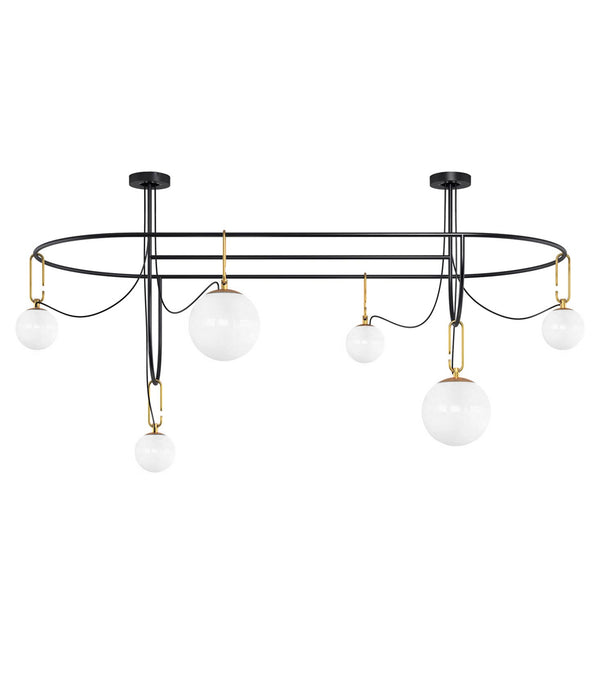 Artemide NH S5 Elliptic suspension lamp, with six glass globe diffusers connected to large oval ring structure by oval hooks.