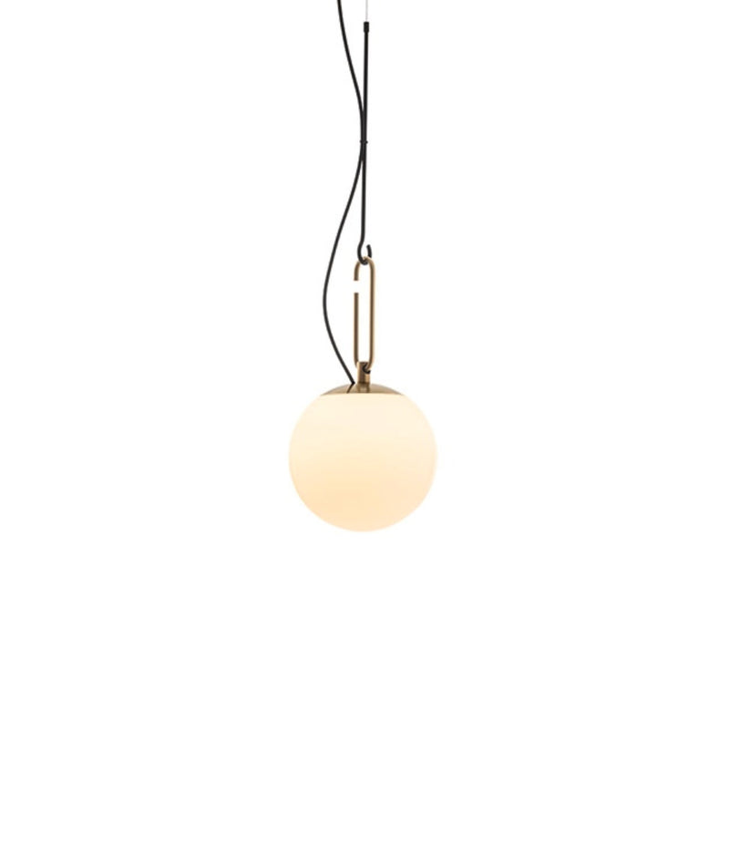 Artemide NH22 suspension lamp hanging by oblong brass ring.