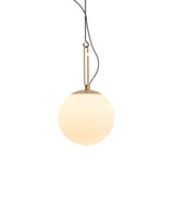 Artemide NH35 suspension lamp, with spherical blown-glass diffuser with brass ring connection.