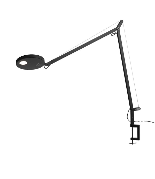 Artemide Demetra table lamp, with adjustable arms, rotatable head and table clamp mount.