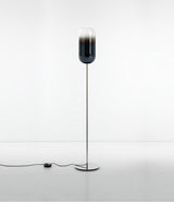 Artemide Gople floor lamp, with chrome stem and base, with gradient blown glass shade in blue finish.