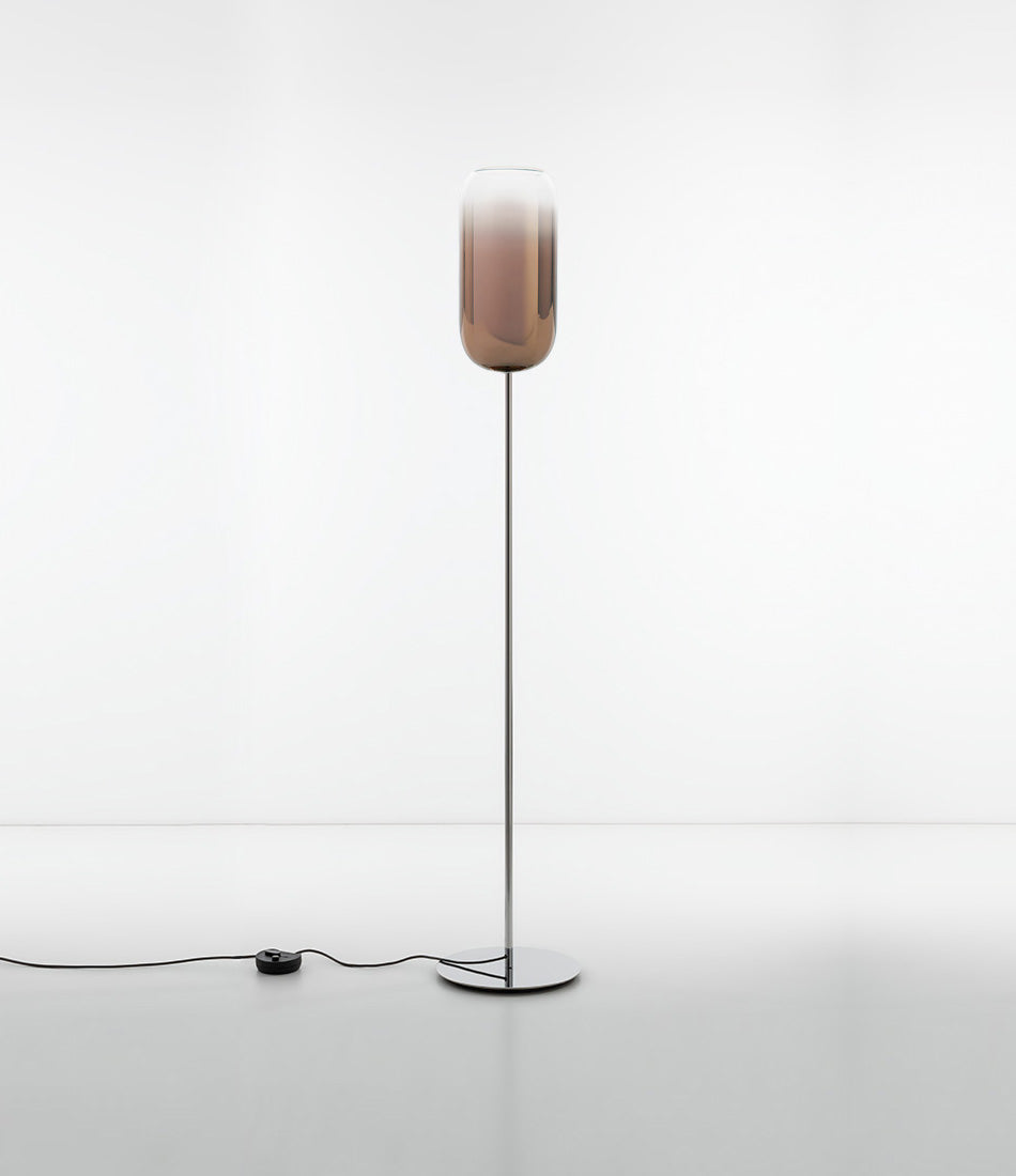Artemide Gople floor lamp, with chrome stem and base, with gradient blown glass shade in bronze finish.
