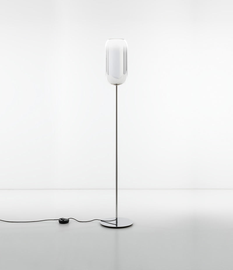 Artemide Gople floor lamp, with chrome stem and base, with gradient blown glass shade in silver finish.