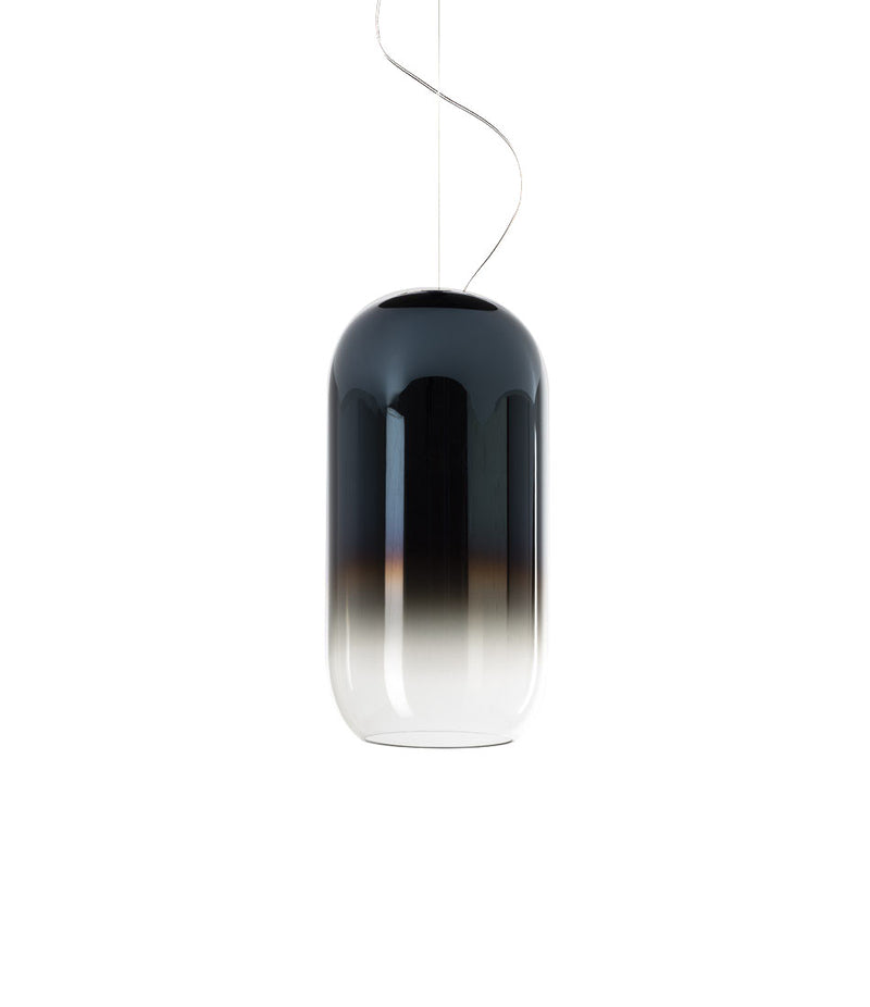 Pill-shaped Artemide Gople suspension lamp, with blown glass shade in gradient blue.