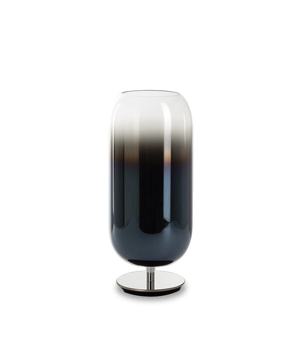 Pill-shaped Artemide Gople table lamp with steel chrome base and blown glass shade in gradient blue.