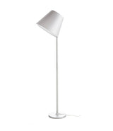 Grey Artemide Melampo floor lamp, with aluminum stem and tilted silk lampshade.