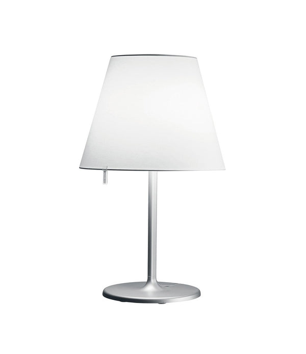 Artemide Melampo table lamp, with aluminum stem and grey lampshade.