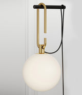 Artemide NH wall lamp. Spherical glass diffuser hangs from horizontal rod by brass oval ring hook.