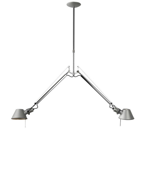Artemide Tolomeo double suspension lamp, with two adjustable arms and multidirectional lampshades.