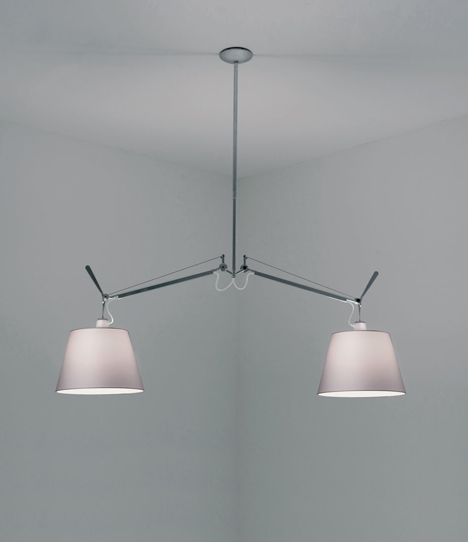 Artemide Tolomeo double suspension lamp with silver fibre lampshades, mounted to a ceililng.