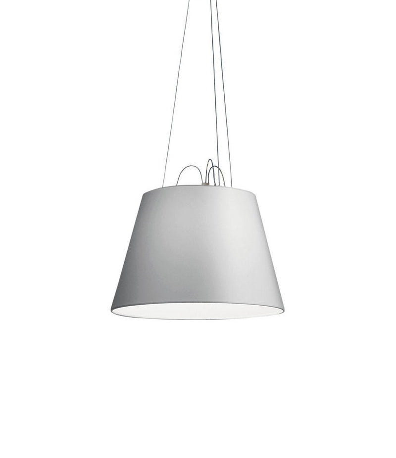 Artemide Tolomeo Mega suspension lamp with silver fibre lampshade, hanging by three cables.