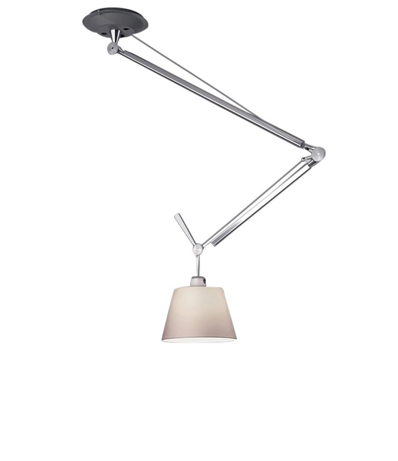 Artemide Tolomeo Off-Center suspension lamp, with double-jointed arm and fabric lampshade.