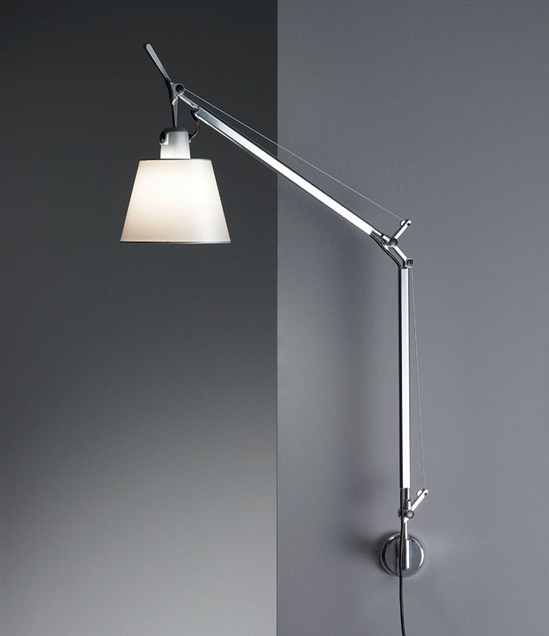 Artemide Tolomeo Shade wall lamp, with double-jointed aluminum stem mounted via S-Bracket, with parchment lampshade.