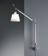 Artemide Tolomeo Shade wall lamp, with double-jointed aluminum stem mounted via J-Bracket, with parchment lampshade.