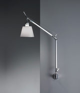 Artemide Tolomeo Shade wall lamp, with double-jointed aluminum stem mounted via S-Bracket, with fabric lampshade.