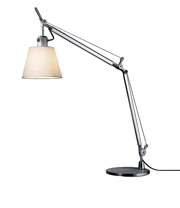 Artemide Tolomeo table lamp with parchment lampshade and double-jointed aluminum stem.
